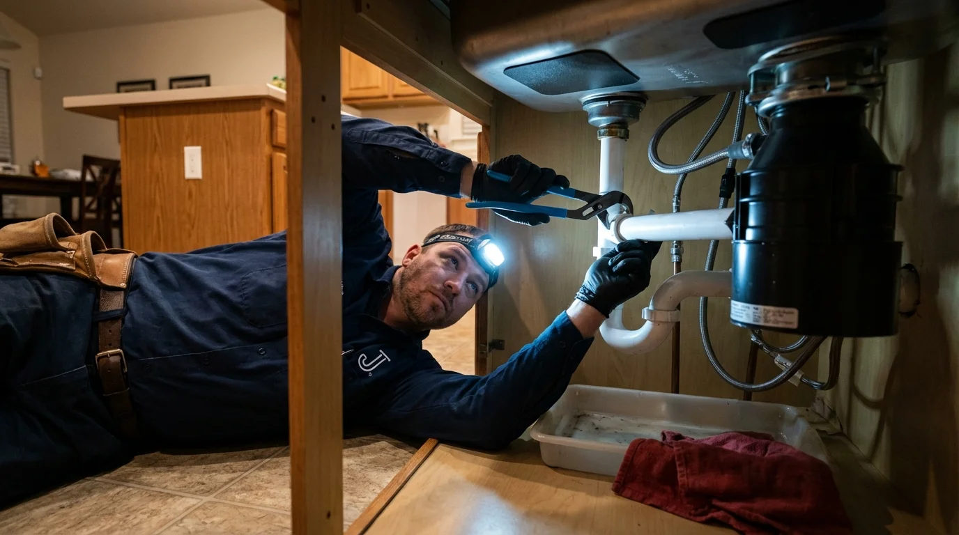 P-trap and supply line connections under a kitchen sink showing a common leak point in Pamplico, SC
